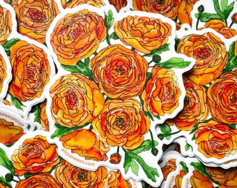 Ranunculus Bouquet Sticker | 3" Die-Cut Vinyl Sticker | Watercolor and Ink Orange Flower Painting