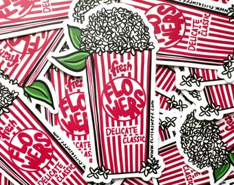Petal Popcorn Sticker | 3" Die-Cut Vinyl Sticker | Funny Food and Flowers Sticker | Popcorn | White Hydrangeas