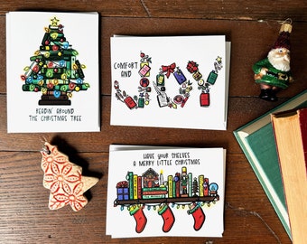 Set of Six Christmas Cards for Book Lovers | Three Different Designs |  Blank Inside | A2 Size: 4.25" x 5.5" | For Literary Bookish Readers