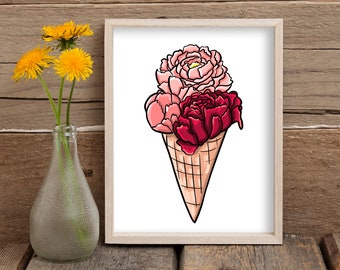 Peony Ice Cream | High-Quality Art Print | Funny Food and Flowers | Pink and Red Peonies | Ice Cream Cone | 8x10"