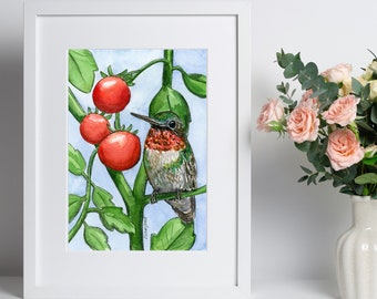 Ruby-Throated Hummingbird Painting | High-Quality Watercolor Art Print | Bird Art | Tomato Plant | 5x7"