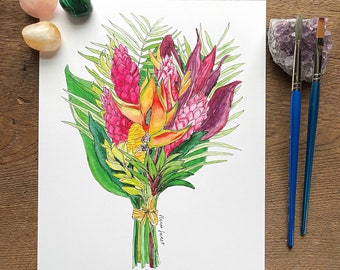 Tropical Bouquet Watercolor Painting | High-Quality Art Print | Flower Illustration | 5x7" or 8x10"
