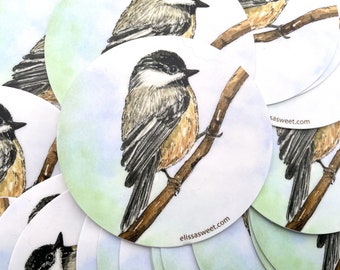 Chickadee Sticker | 3" Die-Cut Vinyl Circle Sticker | Watercolor and Ink Bird Painting