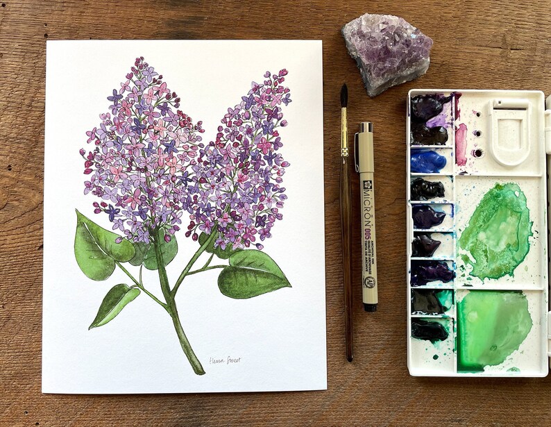 Peinture à l'aquarelle de fleurs de lilas Impression artistique de haute qualité Fleur violette 5x7 ou 8x10 image 1