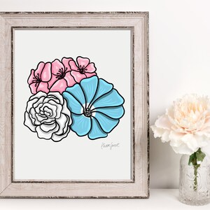 Trans Pride Art Print | Digital Illustration | 5x7&quot; or 8x10&quot; | Pink, White and Blue Flowers | Transgender Pride | Pride Flag Colors