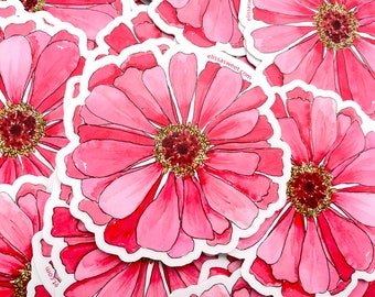 autocollant rose Zinnia | Autocollant en vinyle découpé 3 po. | Peinture de fleurs à l'aquarelle et à l'encre