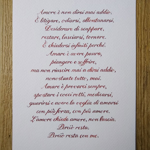 Gedicht über die Liebe (auf Italienisch), von Hand niedergeschrieben