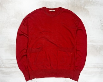 Celine 90s Knit Sweater With 2 Front Pockets & Side Slits Embroidered Logo Red Wool Silk Size L