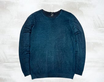 Avantgarde Herren Garment Dyed Avantgarde Grunge Kaschmir Seide Blau Rundhalsausschnitt Pullover Pullover Größe L