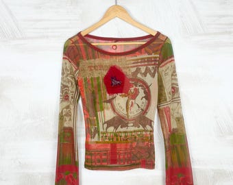 Save The Queen mesh top, S Vintage Italy Sheer Bull metallic detail shirt met lange mouwen en grafische print, Y2K Avant-garde Whimsigoth Grunge