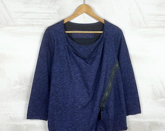 Túnica Rundholz Black Label, tamanho G; Cardigã vintage roxo mesclado com zíper assimétrico em camadas, algodão tingido em degradê, estilo lagenlook avant-garde.