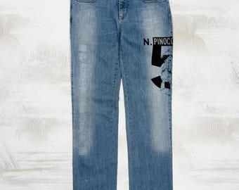 Iceberg Ice Jeans Damen Vintage Y2k Cartoon Pinocchio Print Strass Blau Baumwoll-Denim Jeans Größe 29