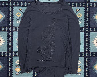 Rundholz Black Label Tunic Women M Gray Blue Patchwork Graphic Print Long Sleeve Lagenlook Avant Garde Artwear Top