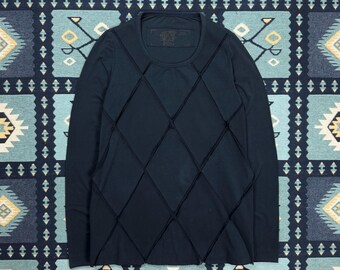 Rundholz Black Label Tunic Women S Navy Blue Cotton Stretch Mesh Diamond Panel Lagenlook Avant Garde Artwear Long Sleeve Top