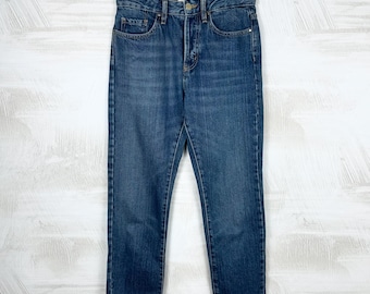 SEZANE Jeans Blue Parisian Chic Cropped Raw Hem Tapered Leg Cotton French Designer Mid Rise Denim Pants Size XS 26