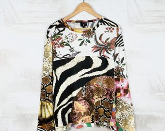 Just Cavalli-top met dierenbloemenprint XL veelkleurig katoen zebraslang glitter vintage Y2K Roberto Cavalli shirt met lange mouwen