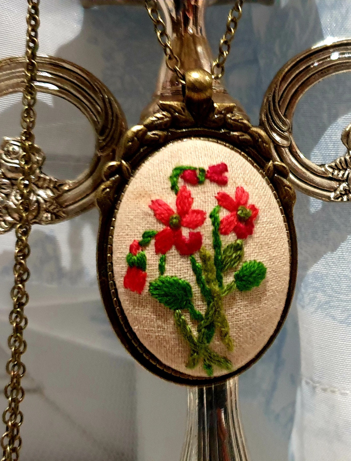 Handmade Embroidery Necklace pendant with chain brass Etsy
