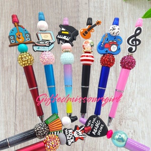 Music Pen // Guitar // Piano // Cassette // Tuba // Rock // Beaded Pen // Many Options // Pen Gift Set // Key Chain // Ready to Ship 4/24 image 1