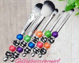 Plaid Print Makeup Brush Set // 5 Piece // Beaded Makeup Brushes //Makeup Brush Gift Set // Ready to Ship L271 11/24