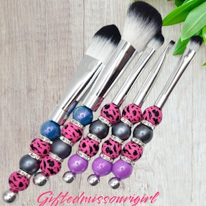 LAST CHANCE Pink Cow Print Makeup Brush Set // 5 Piece //  Beaded Makeup Brushes //Makeup Brush Gift Set // Ready to Ship L271 11/24