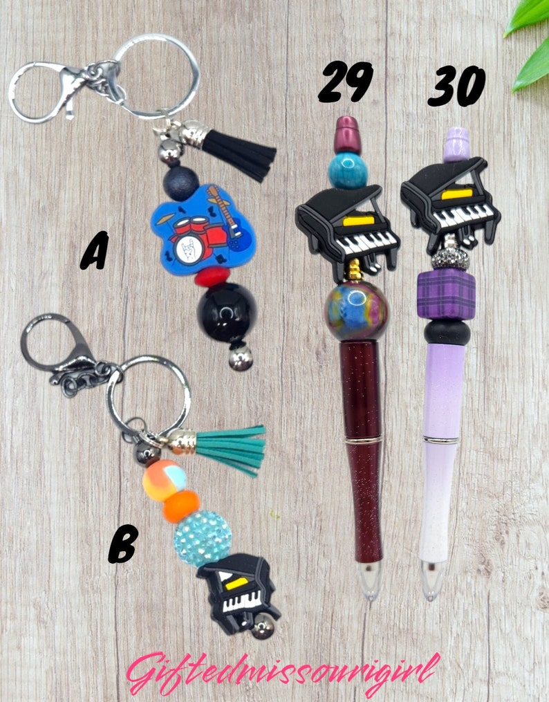 Music Pen // Guitar // Piano // Cassette // Tuba // Rock // Beaded Pen // Many Options // Pen Gift Set // Key Chain // Ready to Ship 4/24 image 7