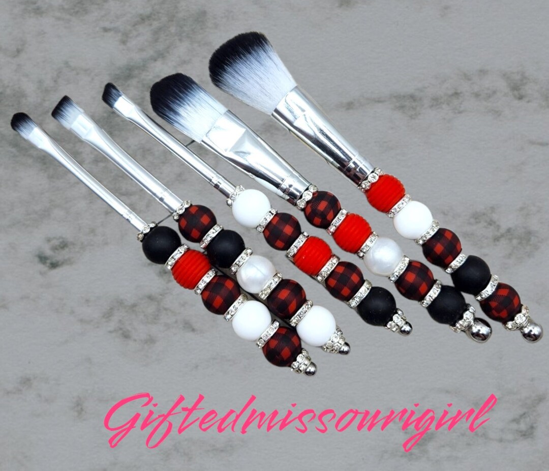 Red Buffalo Plaid Makeup Brush Set // 5 Piece // Beaded Makeup Brushes