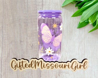 Butterfly & Flowers  16 oz Purple Jelly Acrylic Can Cup // Ready to Ship // 8/25