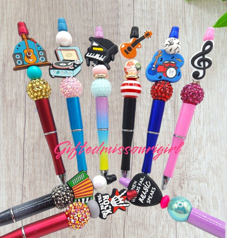 Music Pen // Guitar // Piano // Cassette // Tuba // Rock // Beaded Pen // Many Options // Pen Gift Set // Key Chain // Ready to Ship 4/24 image 1