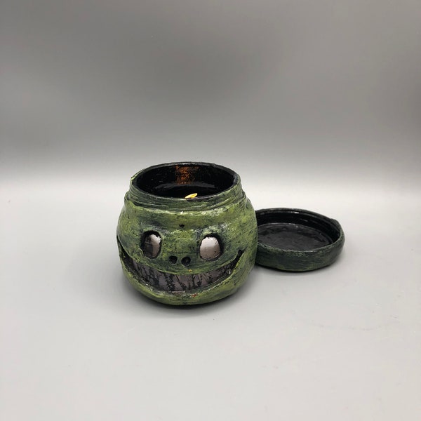 Scary George the Pumpkin Boddle Flamesless Candle Holder - OOAK Polymer Clay Sculpture