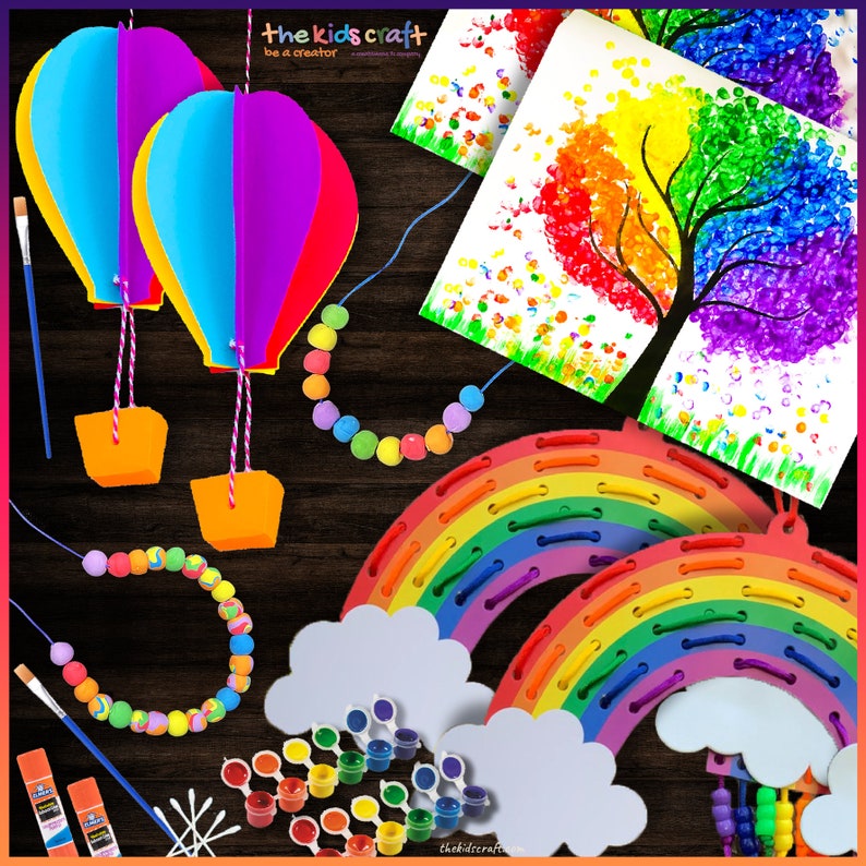 K&ouml;nnte beinhalten: Eine Sammlung farbenfroher Bastelmaterialien f&uuml;r Kinder, darunter Papier-Hei&szlig;luftballons, Regenbogen-N&auml;hsets, Farbe und Perlenketten. Das Bild zeigt auch Kunstwerke von B&auml;umen mit Regenbogenbl&auml;ttern und den Text "the kids craft be a creator".