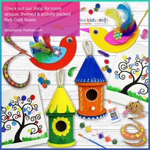 May include: A collection of colorful craft projects for kids, including a birdhouse, a bird, a tree, and a snake. The projects are made from cardboard, paper, and other materials. The image also includes paint, brushes, and buttons.