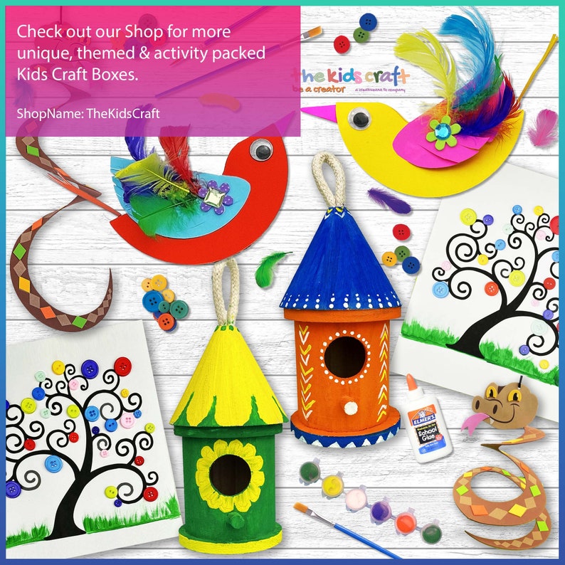 May include: A collection of colorful craft projects for kids, including a birdhouse, a bird, a tree, and a snake. The projects are made from cardboard, paper, and other materials. The image also includes paint, brushes, and buttons.