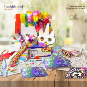 May include: A craft kit for making unicorn crafts. The kit includes a unicorn mask, unicorn stickers, unicorn coloring pages, oil pastels, and other craft supplies. The kit is packaged in a white bag with the words "The Magical Unicorn" printed on it.