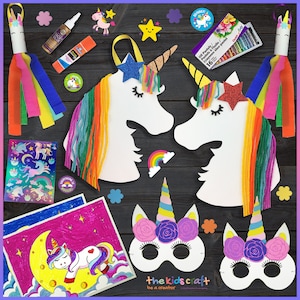 May include: Unicorn craft kit with two white unicorn head cutouts, rainbow yarn, glitter stars, oil pastels, stickers, and two unicorn masks with pink and purple flowers. The kit also includes a blank canvas with a unicorn sleeping on a crescent moon.