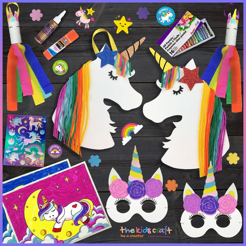 May include: Unicorn craft kit with two white unicorn head cutouts, rainbow yarn, glitter stars, oil pastels, stickers, and two unicorn masks with pink and purple flowers. The kit also includes a blank canvas with a unicorn sleeping on a crescent moon.