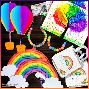 K&ouml;nnte beinhalten: Eine Sammlung farbenfroher Bastelmaterialien und fertiger Projekte. Enth&auml;lt Bastelarbeiten zum Thema Regenbogen, Hei&szlig;luftballons, Perlenketten und bemalte Baumkunst. Das Bild zeigt eine Vielzahl von Farben und Texturen, perfekt f&uuml;r kreative Aktivit&auml;ten von Kindern.