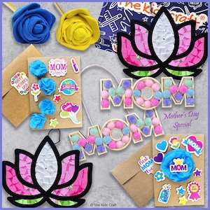 May include: A collection of Mother's Day craft supplies, including paper flowers, decorative stickers, and the word "MOM" spelled out with pom-poms. The image also features two lotus flower decorations and small envelopes.