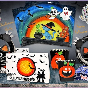 May include: A collection of Halloween-themed crafts including two black cat paper plate masks, a drawing of a blue cat with a cauldron, two pumpkin treat boxes, a Happy Halloween card, and two ghost decorations covered in iridescent rhinestones.