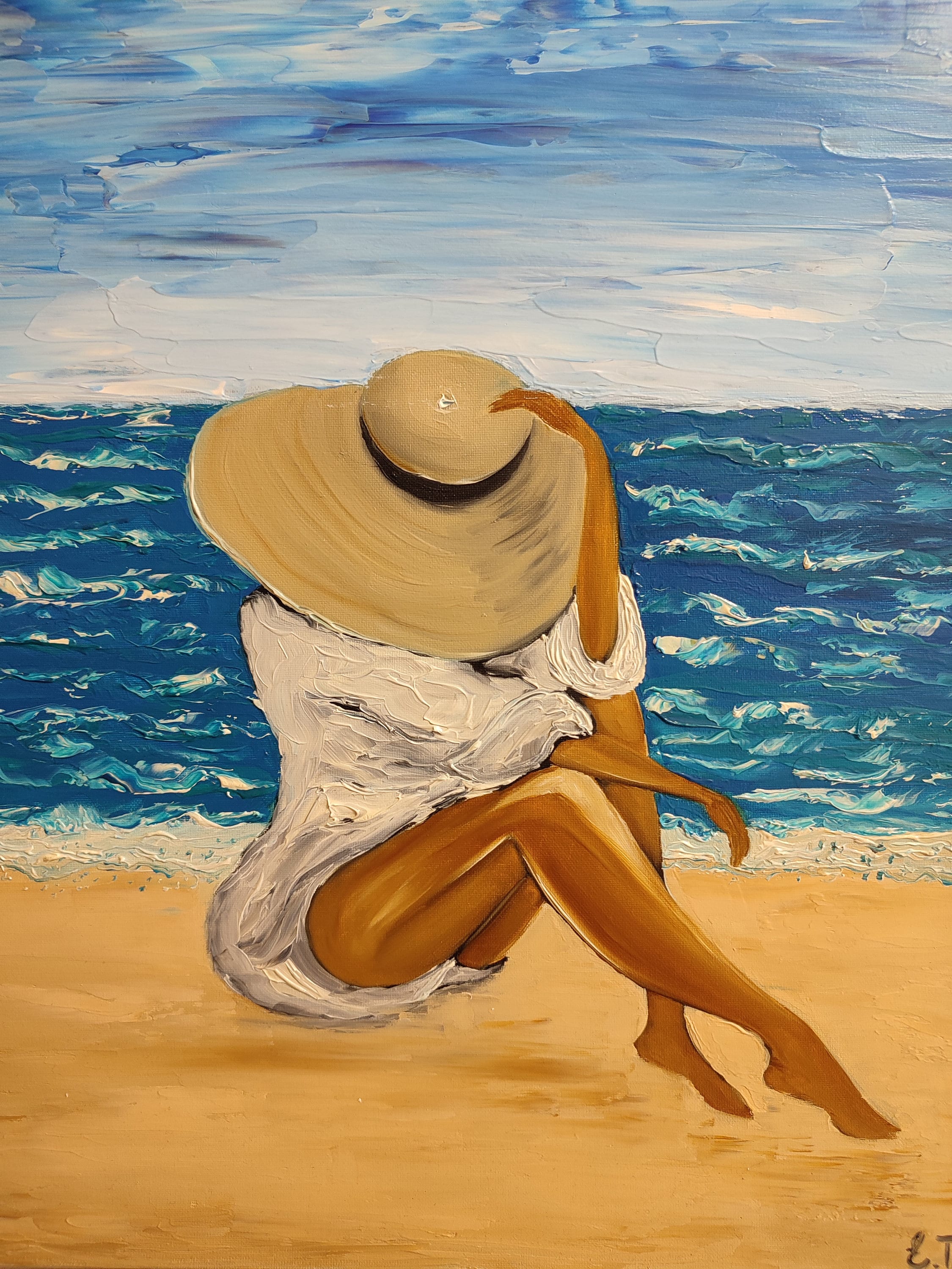 Lady on the Beach Artwork Girl Oil Painting Nautical Artwork Summer