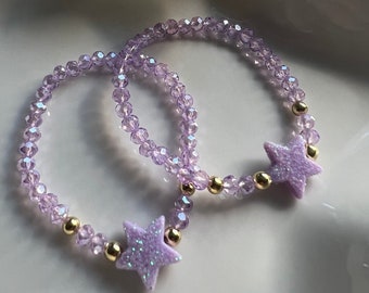 Children's bracelet with purple beads and glitter star - Sequin bracelet - Children's jewelry