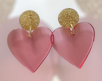 Oversized heart earrings - Acetate resin & stainless steel - Lightweight and trendy jewelry