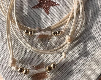 Glitter Glass Star Bracelet - Double Wrap Cream Bracelet - Adjustable Jewelry with Stainless Steel Beads