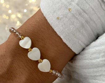 Mother-of-pearl heart and glass bead bracelet