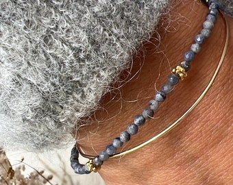 Blue Sapphire Bead Bracelet - Women's Gold Stainless Steel Chain - Minimalist Bracelet with Delicate Beads