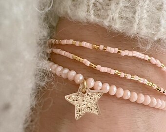 Pair of Poetic Bracelets in Pink and Gold Beads - Grandmother's Day Gift, Feminine and Refined Jewelry