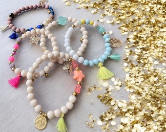 Colorful Beaded Tassel Bracelets - Beaded Bracelets for Kids and Adults - Personalized Gift, Heart Charms, Clovers, Pompoms