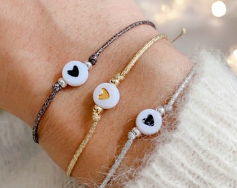 Personalized heart bead bracelet, star bead, wish bracelet, friendship bracelet - Inexpensive gift - Shiny cord bracelet