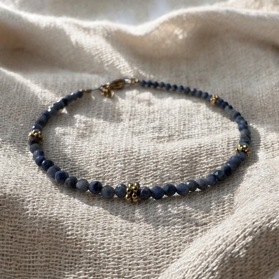 Blue Sapphire Bead Bracelet Women's Gold Stainless Steel Chain
