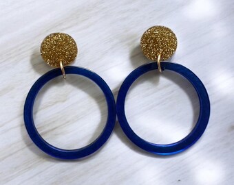 Translucent blue and glittery hoop earrings – Trendy jewelry – Gift idea for women, birthday, Mother's Day