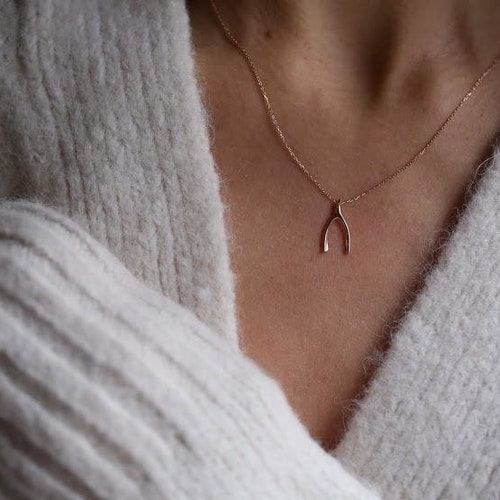 Wishbone Necklace 14k Solid Gold 